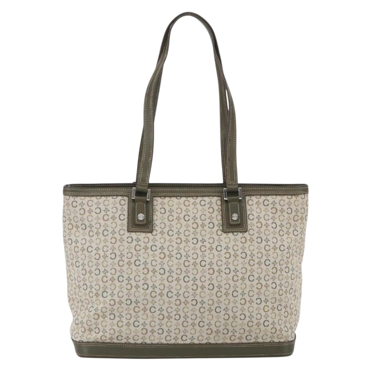 CELINE C Macadam Canvas Tote Bag Green Silver Auth BA8391