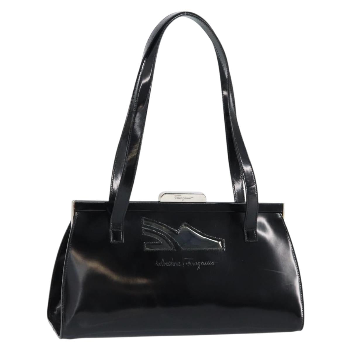Salvatore Ferragamo Tote Bag Enamel Black Silver Auth BA8395