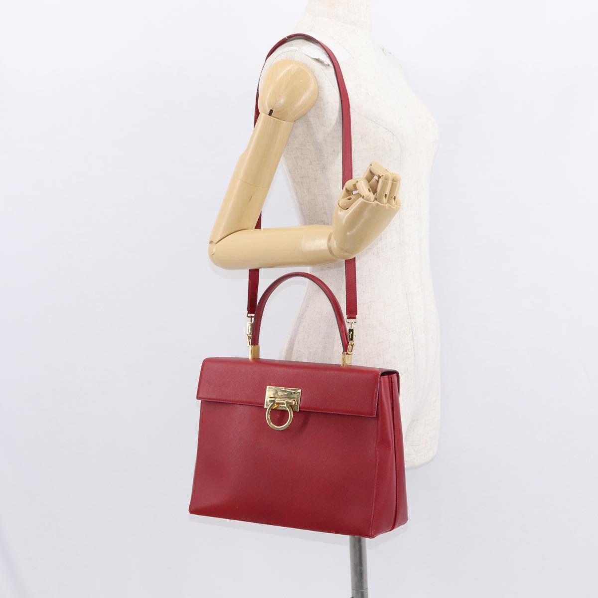 Salvatore Ferragamo Gancini Hand Bag Leather 2way Red Gold Auth BA8396