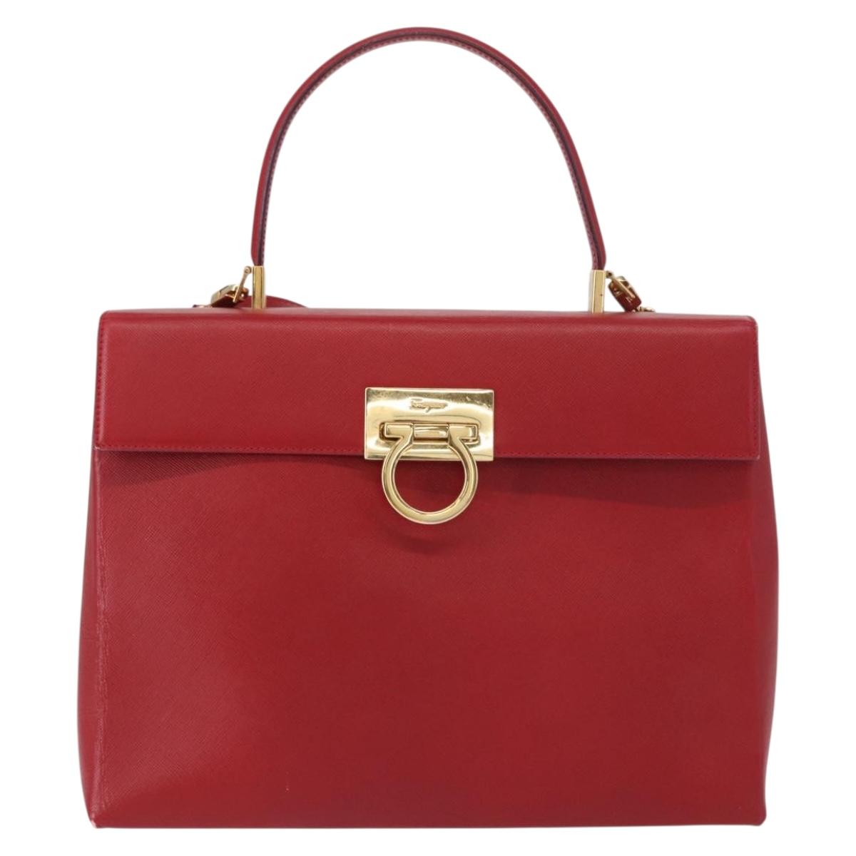 Salvatore Ferragamo Gancini Hand Bag Leather 2way Red Gold Auth BA8396