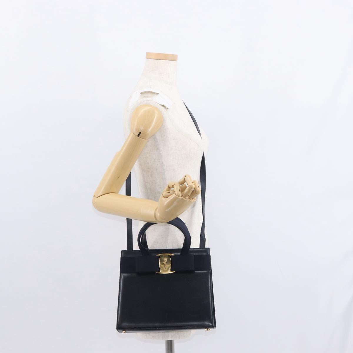 Salvatore Ferragamo Vala Hand Bag Leather 2way Navy Gold Auth BA8399