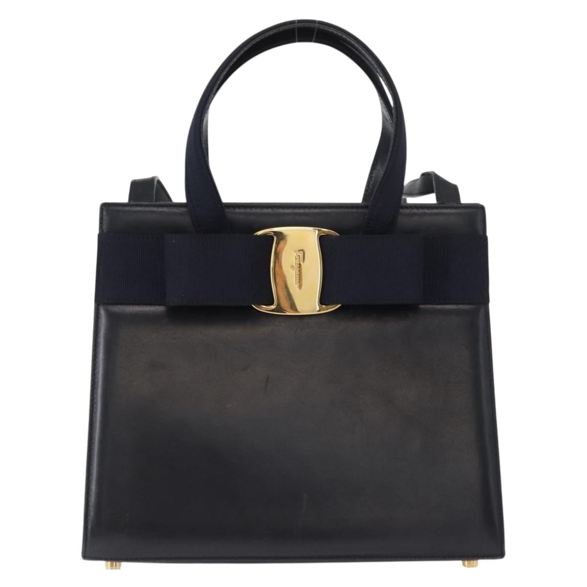 Salvatore Ferragamo Vala Hand Bag Leather 2way Navy Gold Auth BA8399