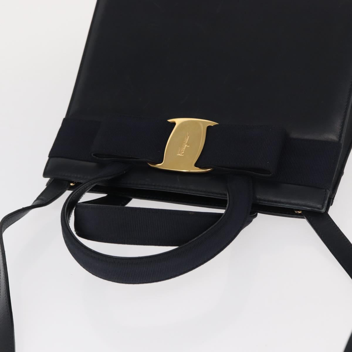 Salvatore Ferragamo Vala Hand Bag Leather 2way Navy Gold Auth BA8399