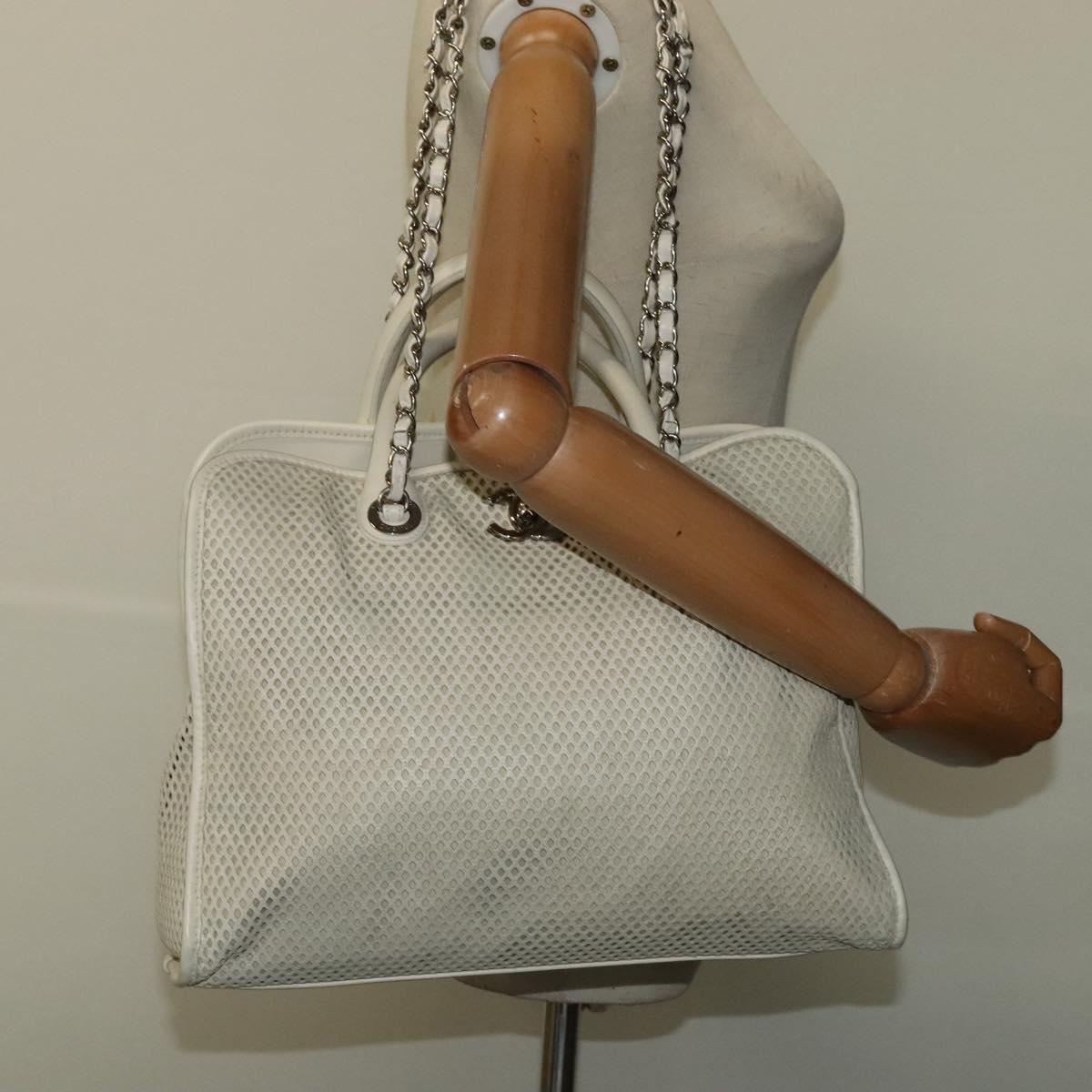 CHANEL Chain Hand Bag Leather 2way White Silver CC Auth BA840V