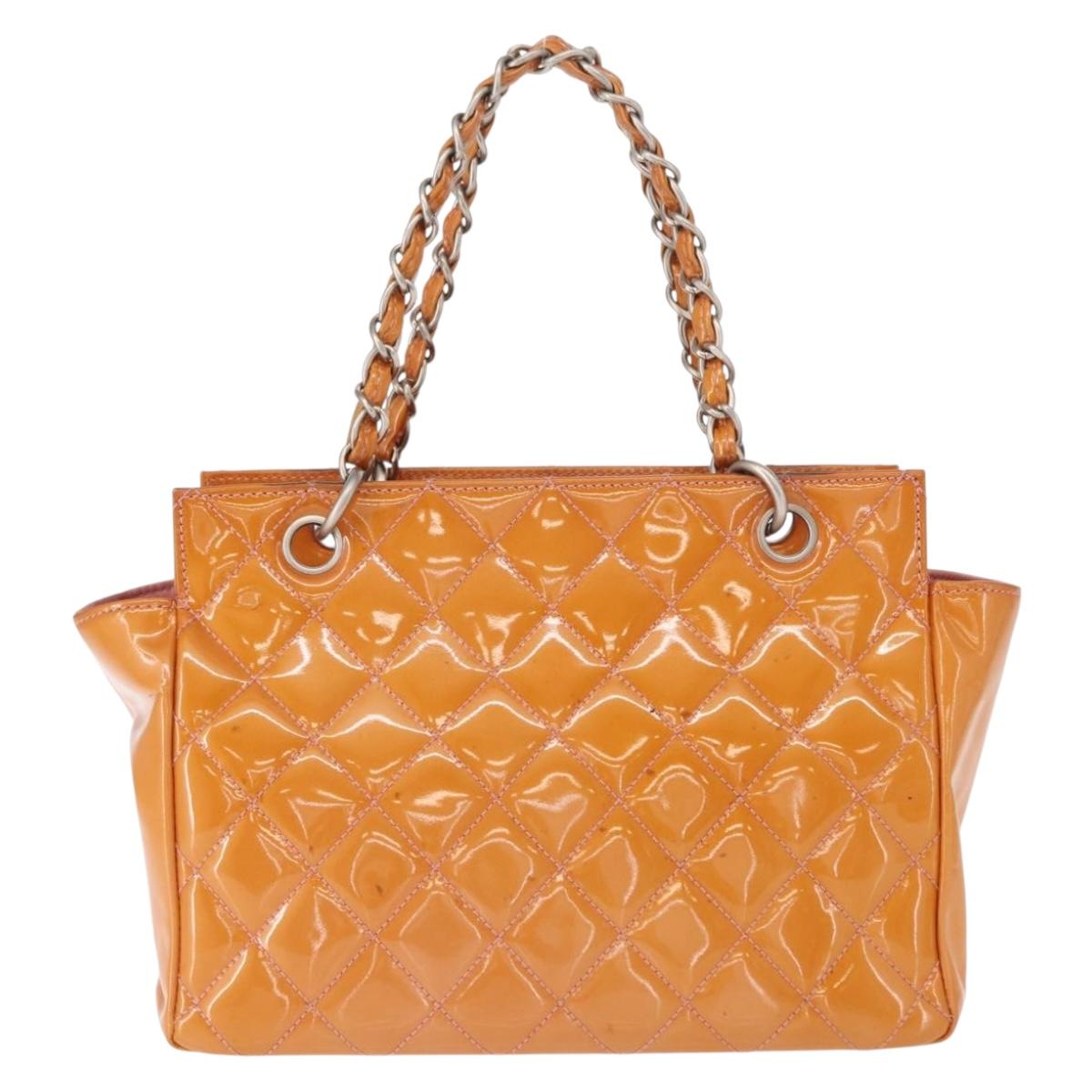 CHANEL Matelasse Chain Hand Bag Enamel Orange Silver CC Auth BA8407