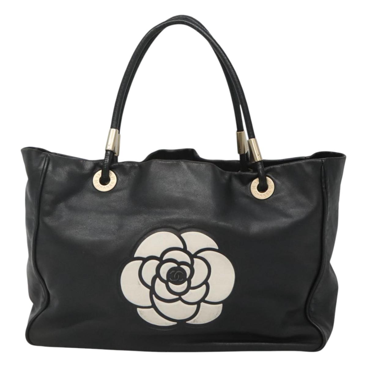 CHANEL Camelia Tote Bag Lamb Skin Black CC Auth BA841
