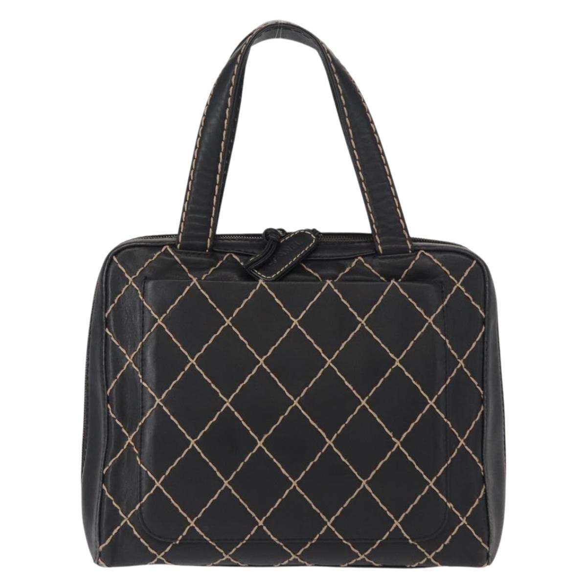 CHANEL Wild stitch Hand Bag Lamb Skin Black CC Auth BA8410