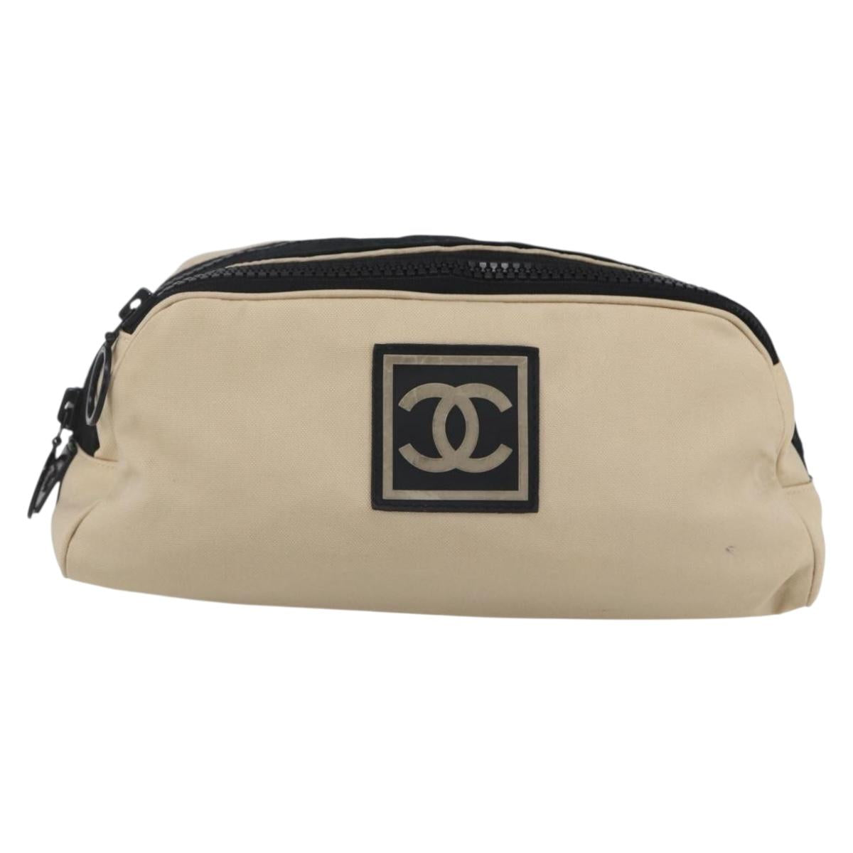 CHANEL Sports Clutch Bag Nylon Beige Black CC Auth BA8411