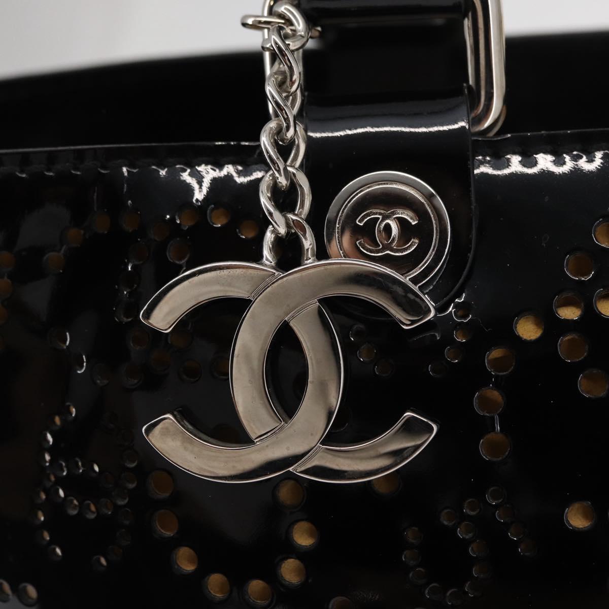 CHANEL Punching Hand Bag Enamel Black Silver CC Auth BA8412