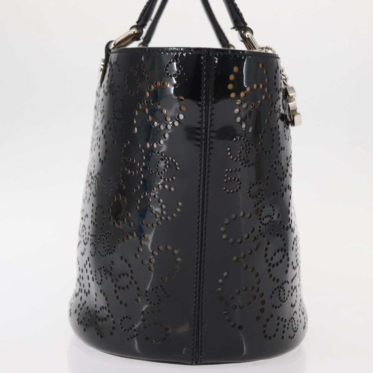 CHANEL Punching Hand Bag Enamel Black Silver CC Auth BA8412