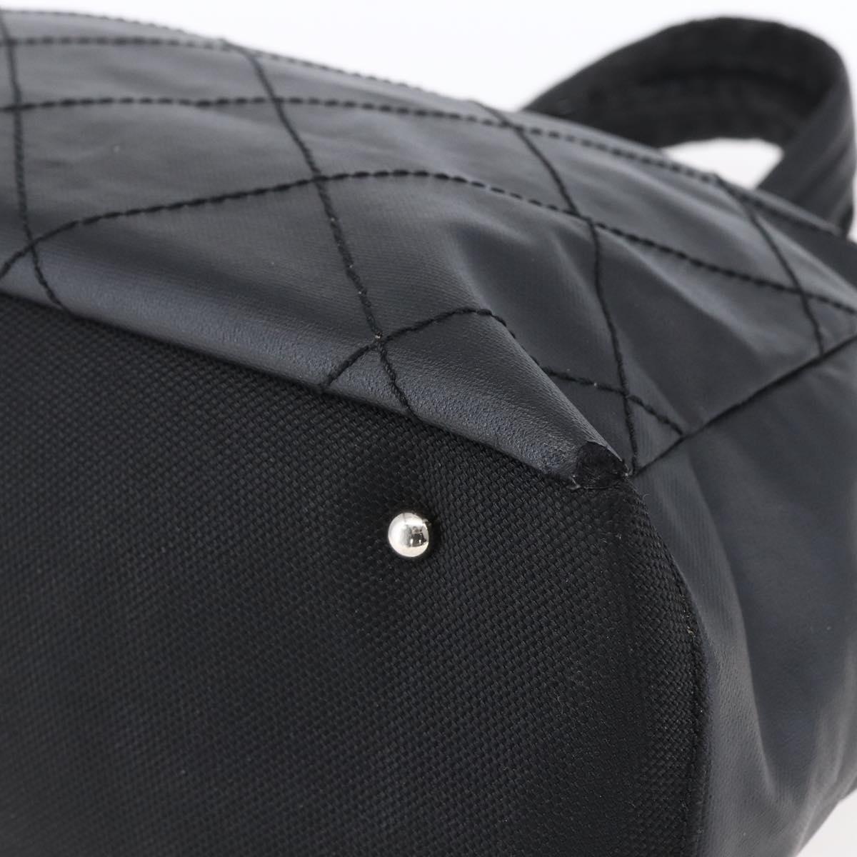 CHANEL Paris Biarritz MM Tote Bag Coated Canvas Black Silver CC Auth BA8414