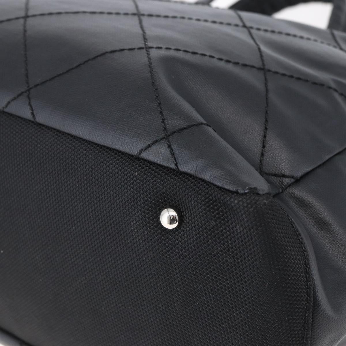 CHANEL Paris Biarritz MM Tote Bag Coated Canvas Black Silver CC Auth BA8414