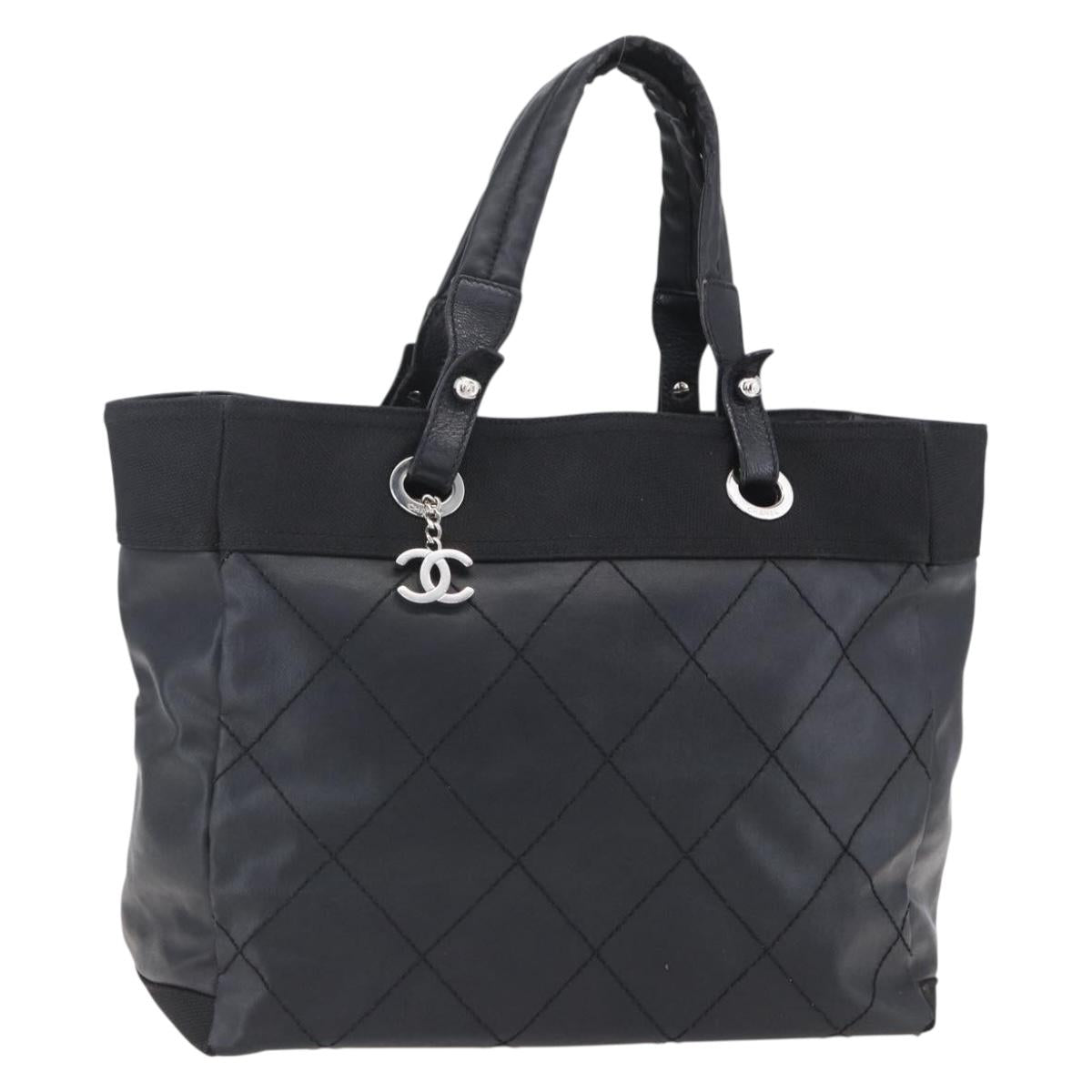 CHANEL Paris Biarritz MM Tote Bag Coated Canvas Black Silver CC Auth BA8414