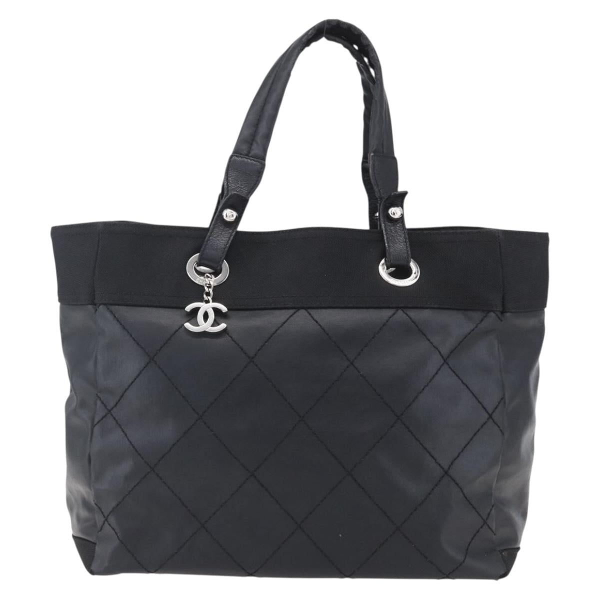 CHANEL Paris Biarritz MM Tote Bag Coated Canvas Black Silver CC Auth BA8414