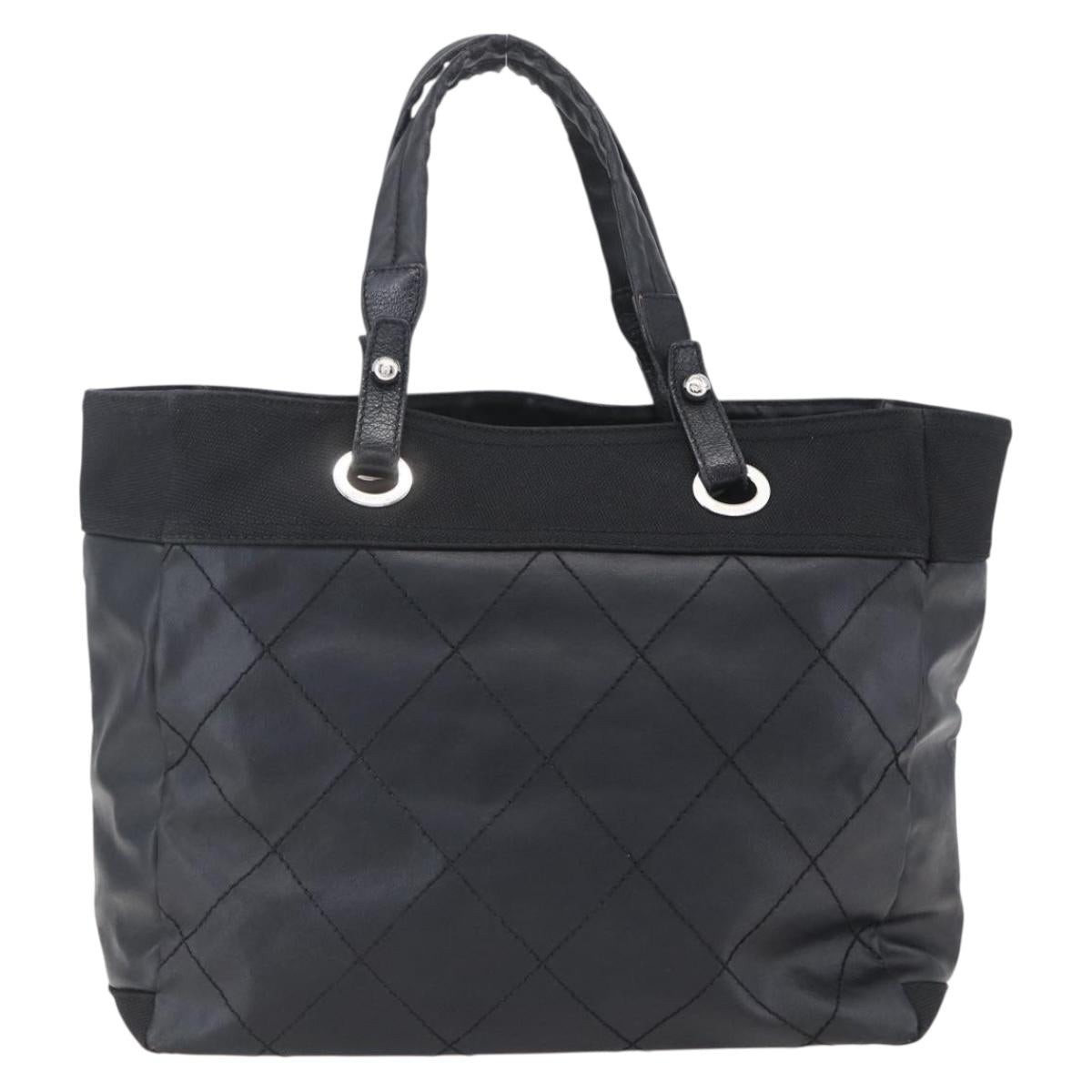 CHANEL Paris Biarritz MM Tote Bag Coated Canvas Black Silver CC Auth BA8414