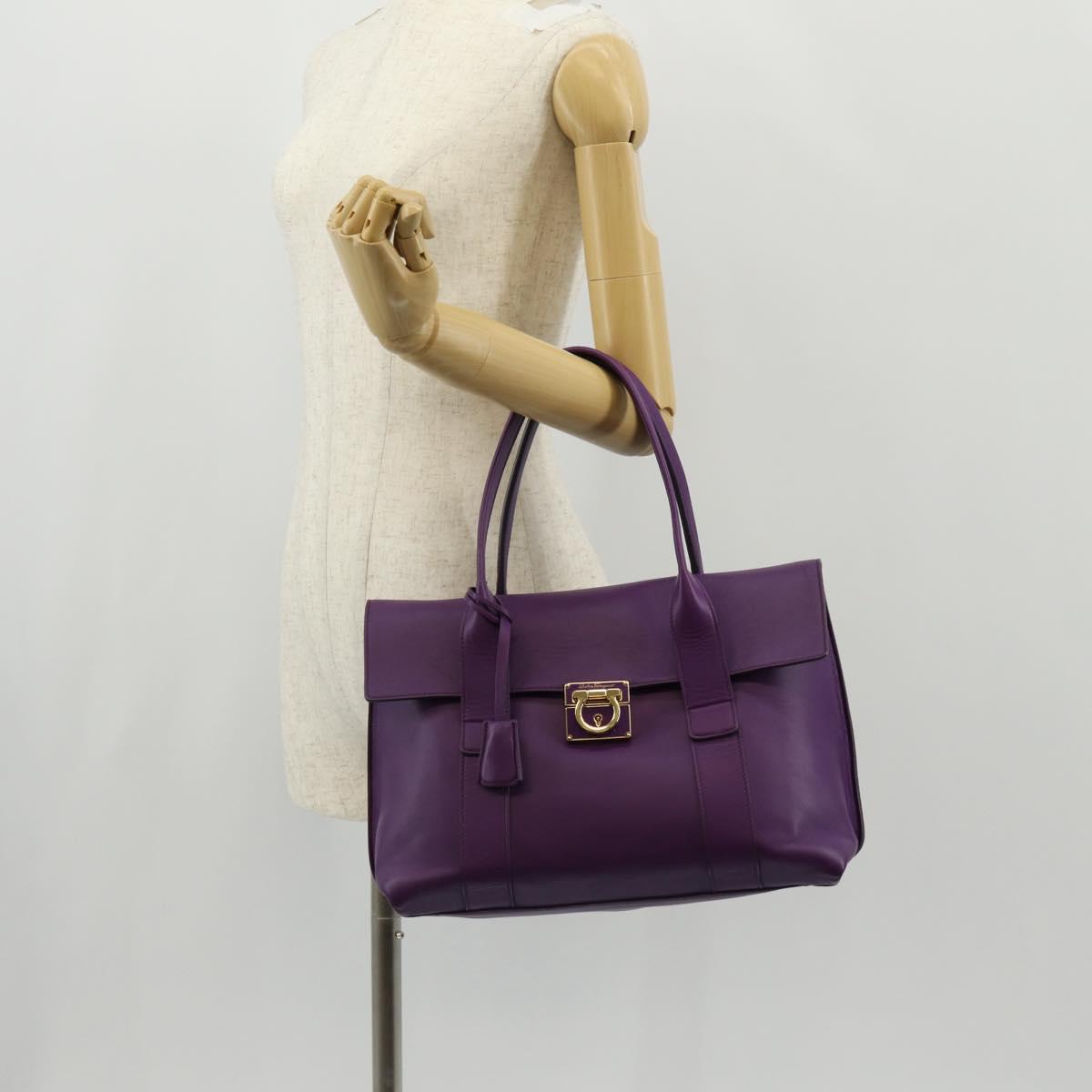Salvatore Ferragamo Gancini Hand Bag Leather Purple Gold Auth BA8415V