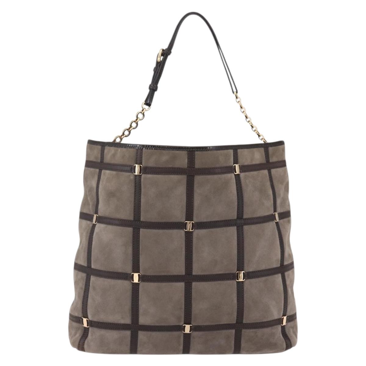 Salvatore Ferragamo Vala Shoulder Bag Suede Leather Brown Gold Auth BA8417