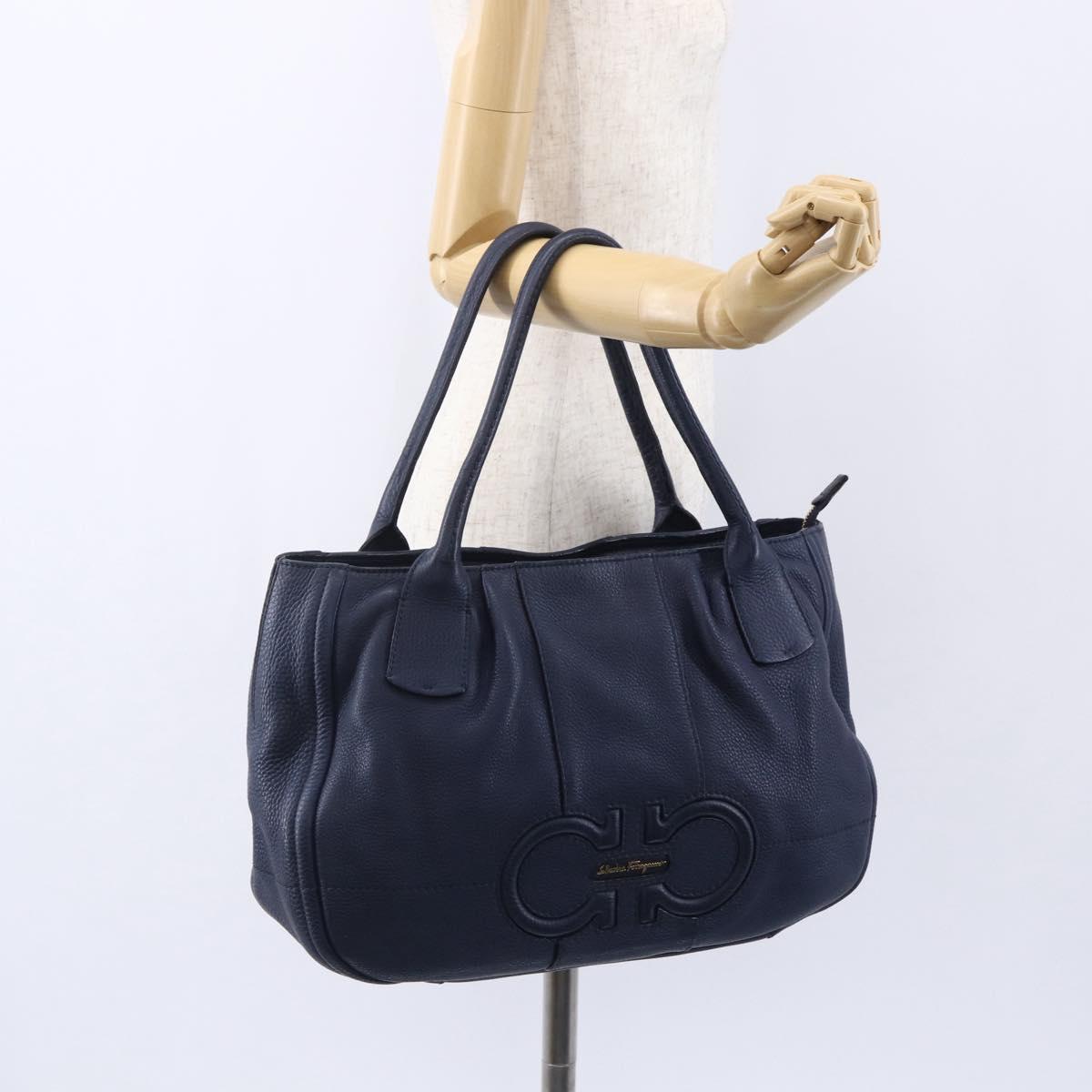 Salvatore Ferragamo Gancini Tote Bag Leather Blue Gold Auth BA8421