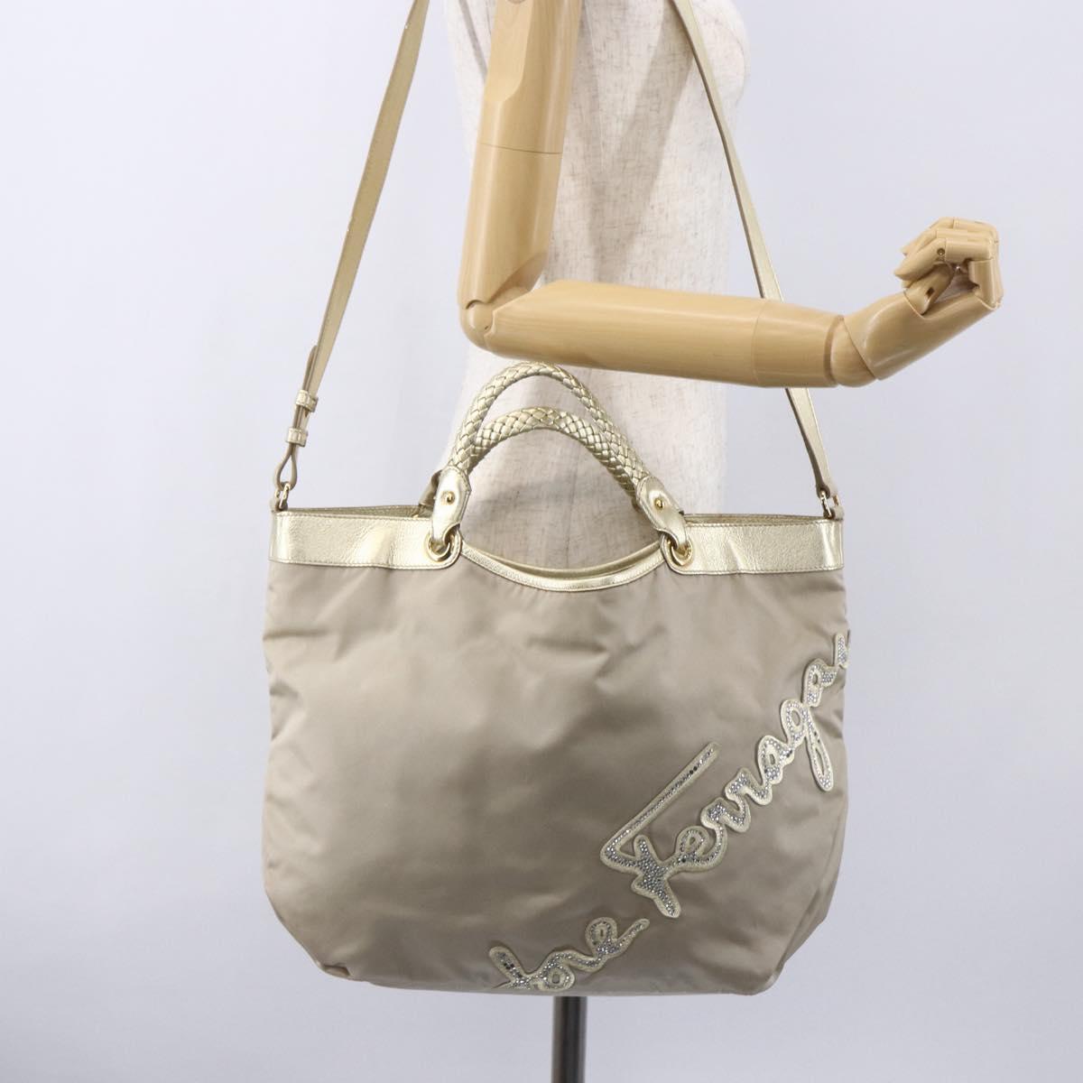 Salvatore Ferragamo Hand Bag Nylon 2way Gold Auth BA8425