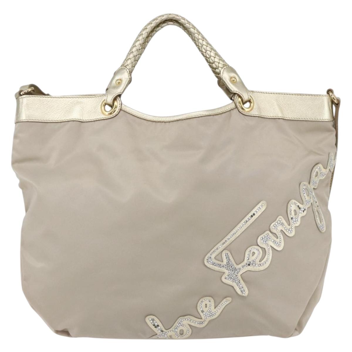 Salvatore Ferragamo Hand Bag Nylon 2way Gold Auth BA8425