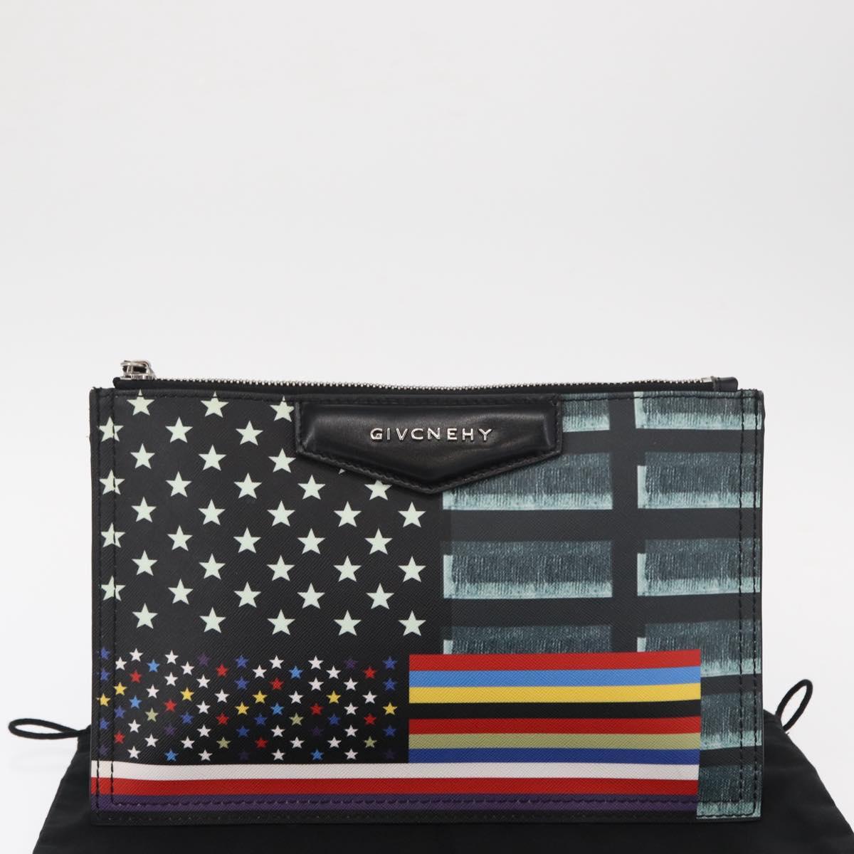 GIVENCHY Clutch Bag Leather Black Silver Auth BA8441