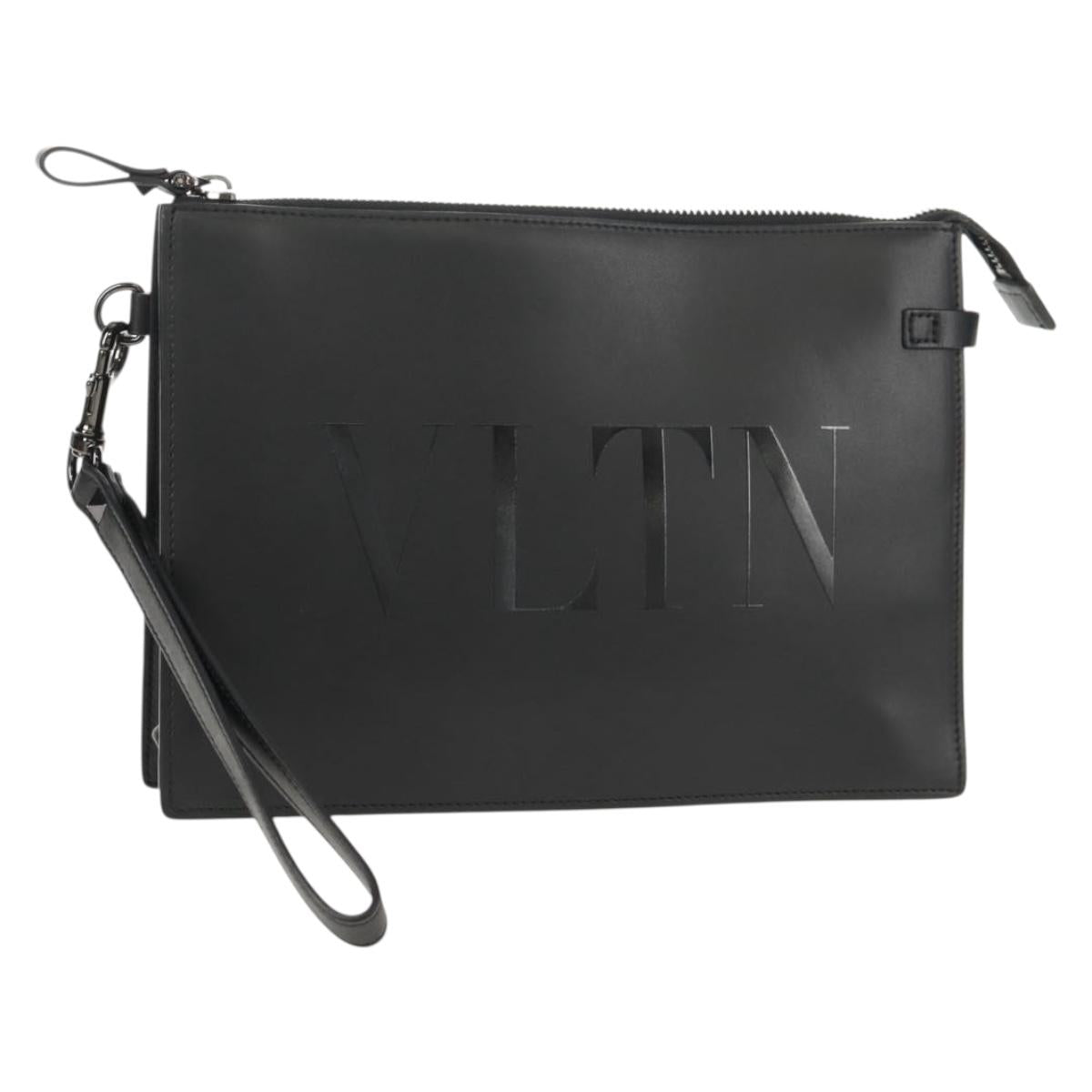 VALENTINO Clutch Bag Leather Black Silver Auth BA8442V