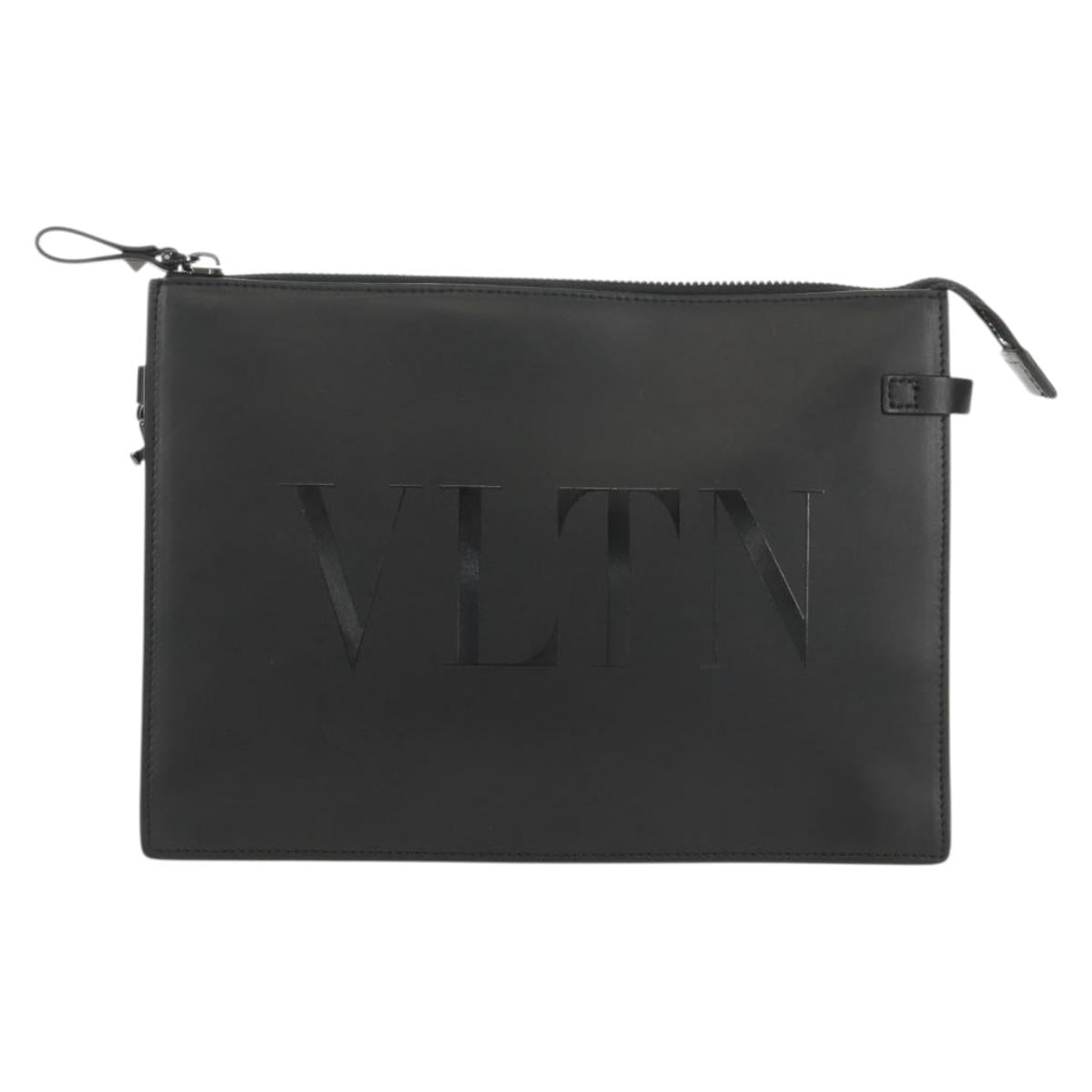 VALENTINO Clutch Bag Leather Black Silver Auth BA8442V