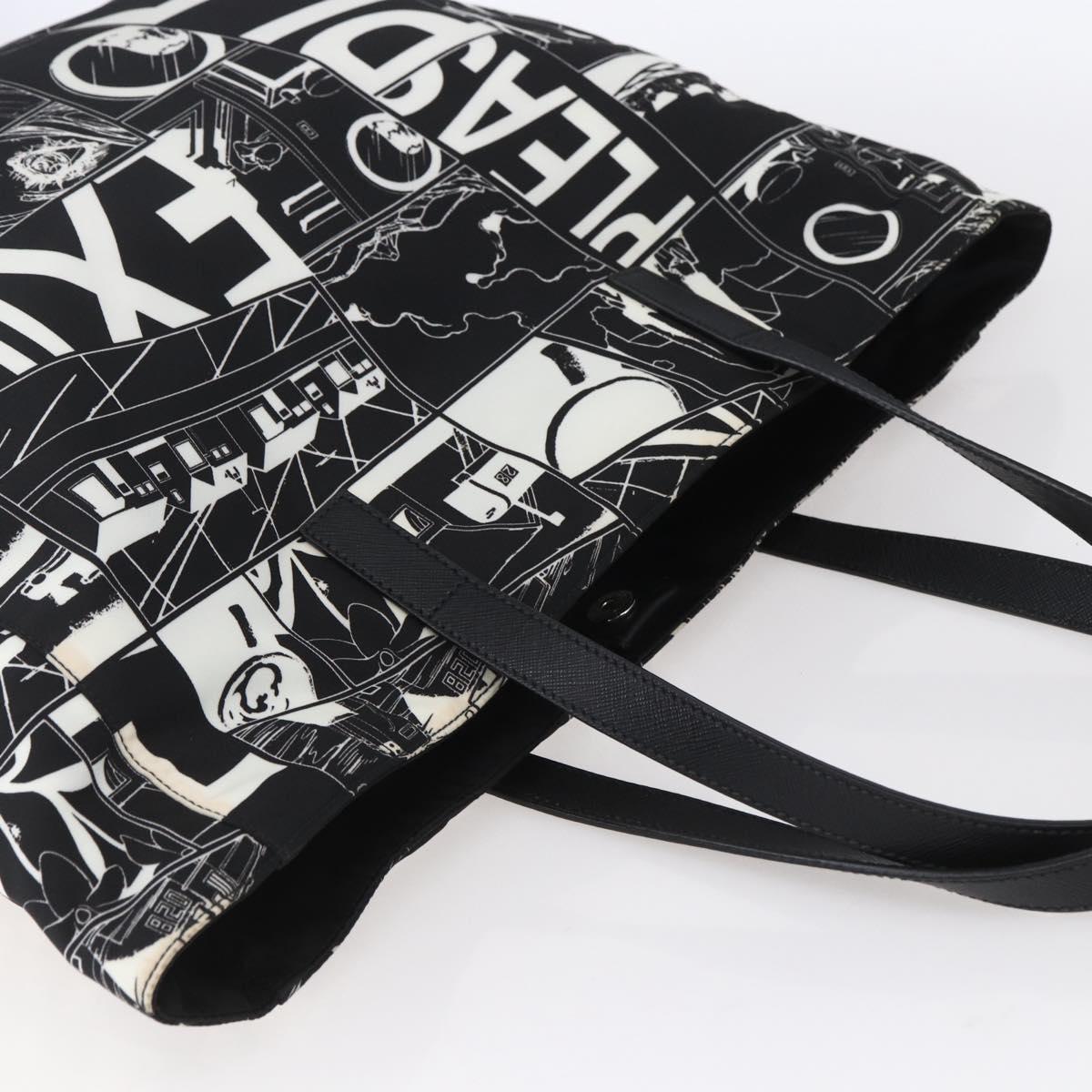 PRADA Tote Bag Nylon White Black Silver Auth BA8444