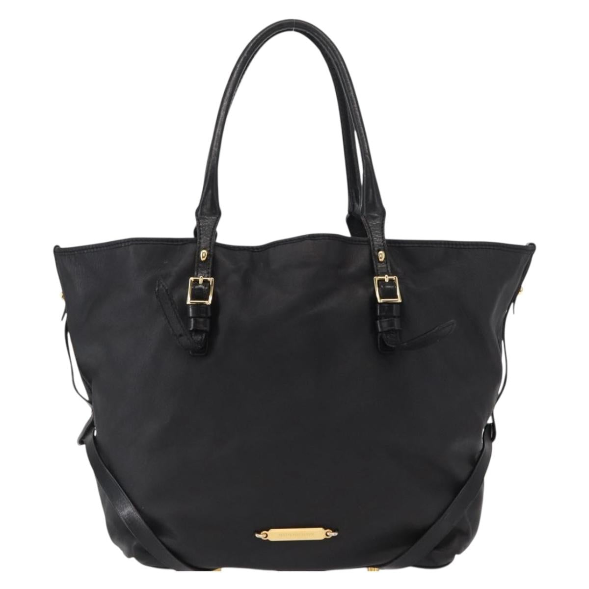 BURBERRY Tote Bag Leather Black Gold Auth BA8445