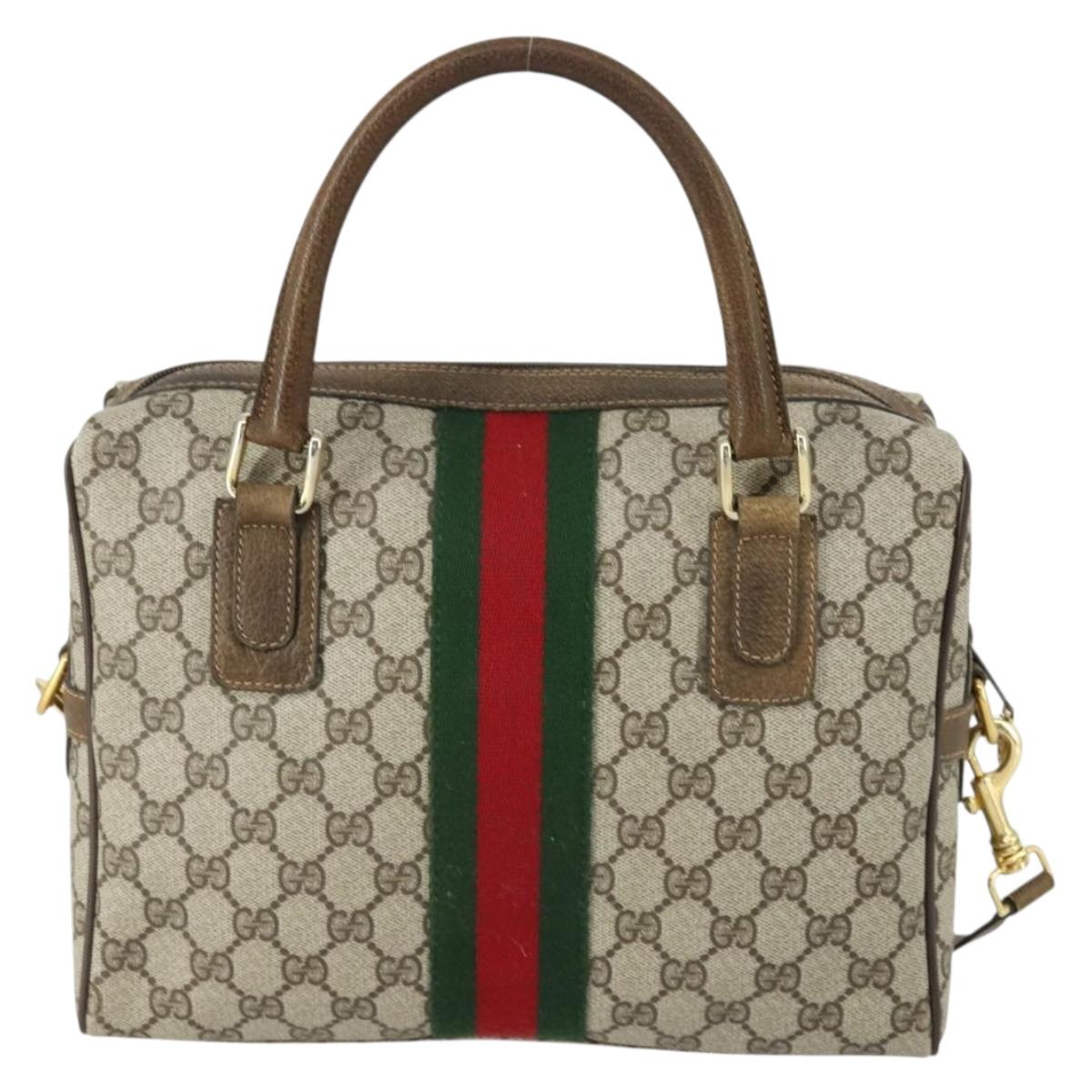 GUCCI GG Supreme Web Sherry Line Bag PVC 2way Beige Gold 67 02 3839 Auth BA8448