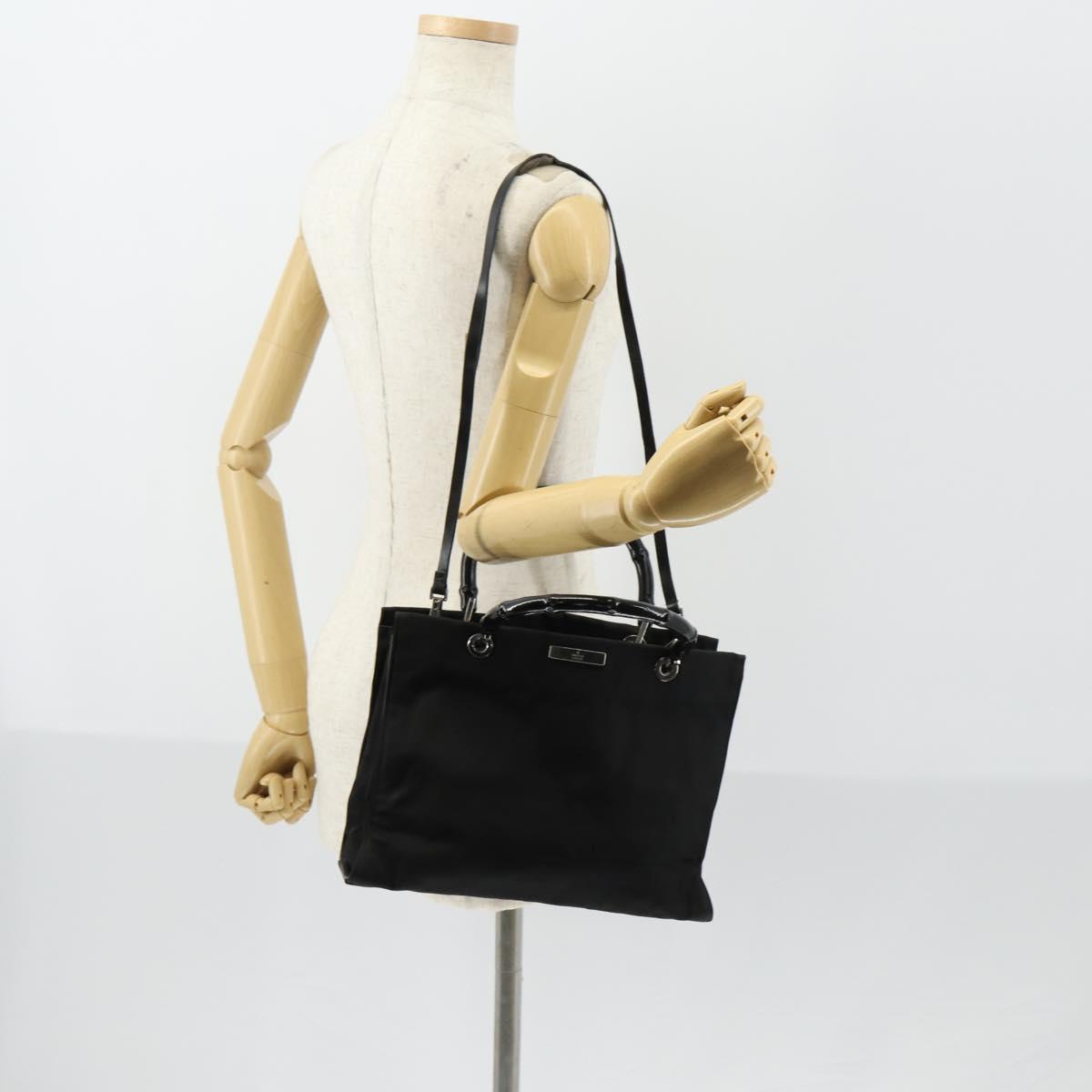 GUCCI GG Canvas Bamboo Tote Bag Nylon 2way Black Silver 002 1016 Auth BA8455
