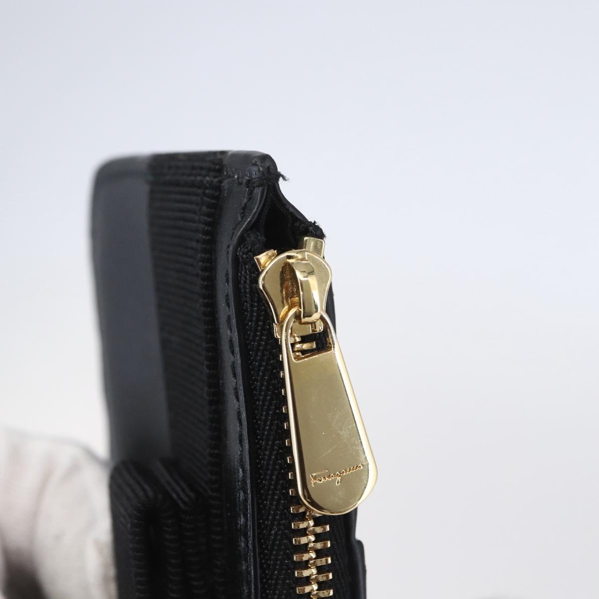 Salvatore Ferragamo Vala Card Case Leather Black Gold Auth BA8463