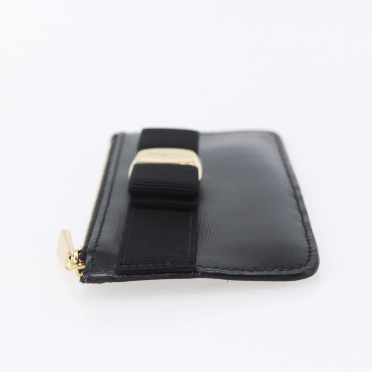 Salvatore Ferragamo Vala Card Case Leather Black Gold Auth BA8463