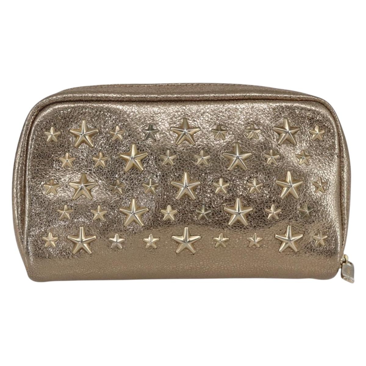 Jimmy Choo Studs Pouch Leather Gold Auth BA8467