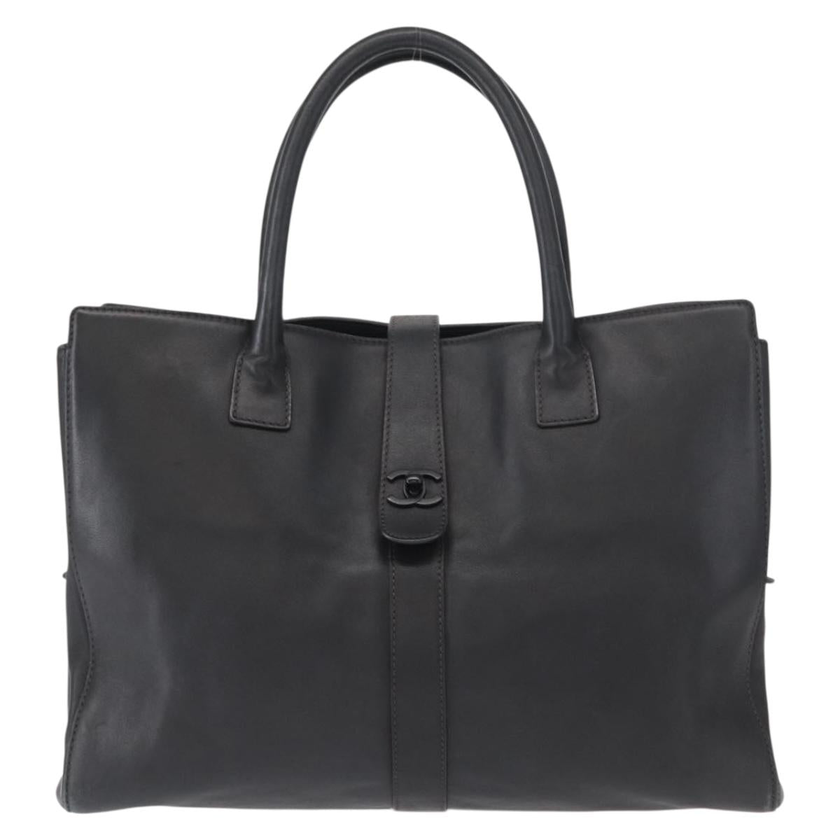 CHANEL Tote Bag Leather Black Silver CC Auth BA8491