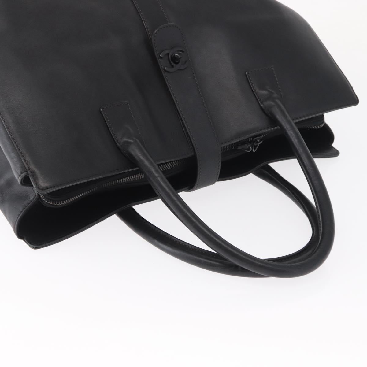 CHANEL Tote Bag Leather Black Silver CC Auth BA8491