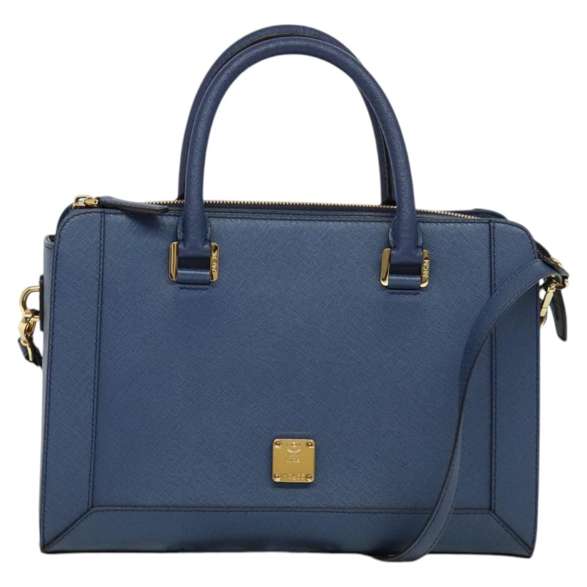 MCM Hand Bag Safiano leather 2way Blue Gold Auth BA863