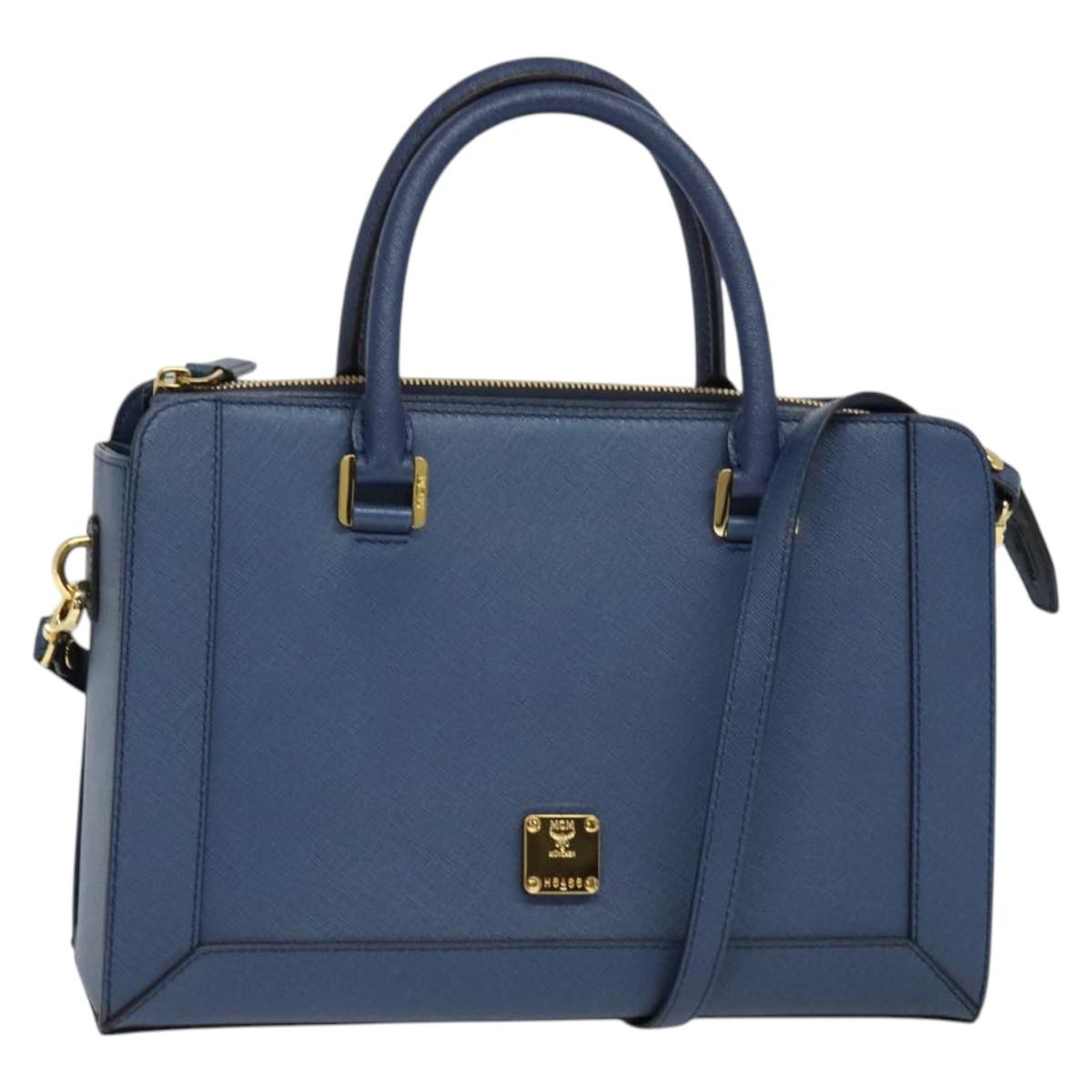 MCM Hand Bag Safiano leather 2way Blue Gold Auth BA863