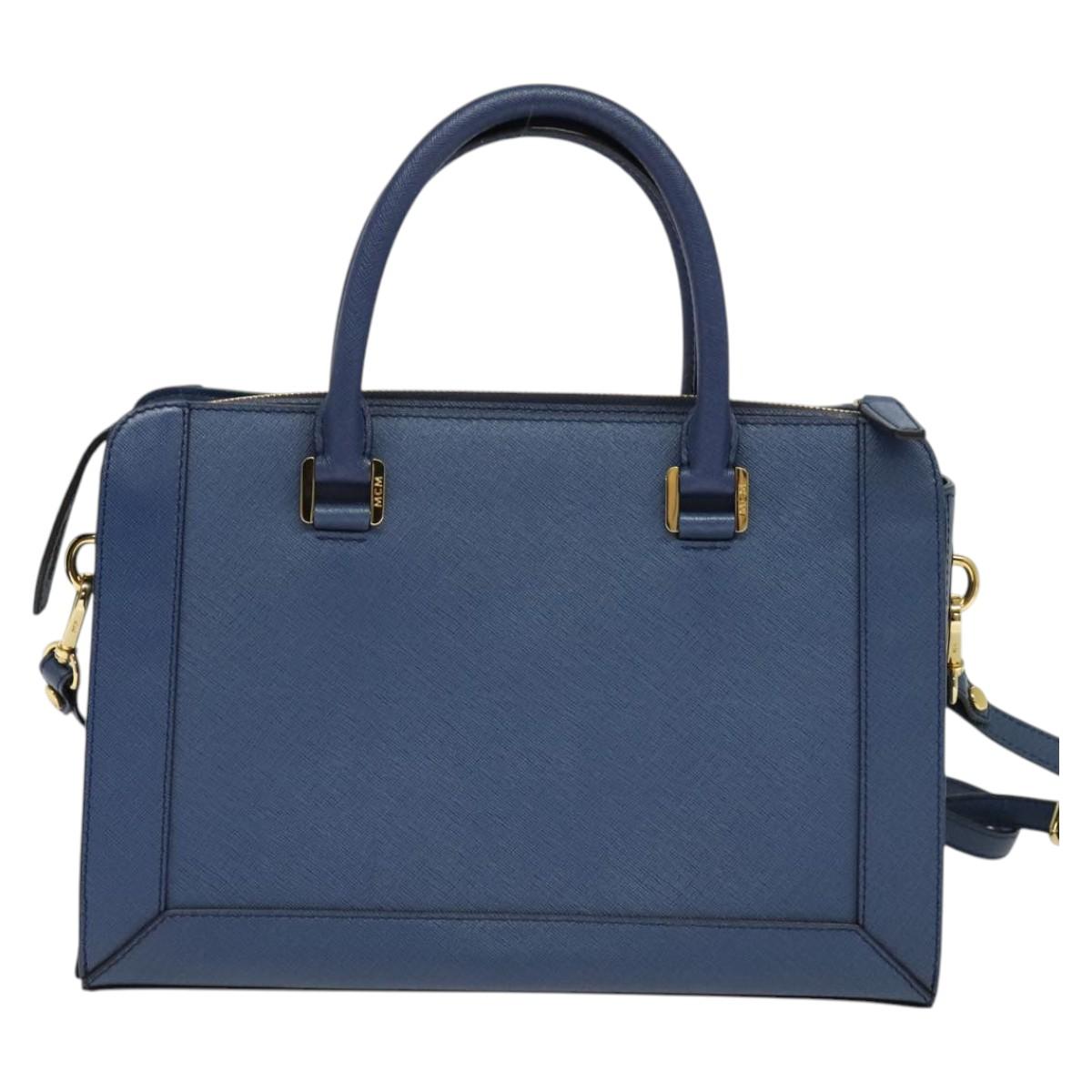MCM Hand Bag Safiano leather 2way Blue Gold Auth BA863