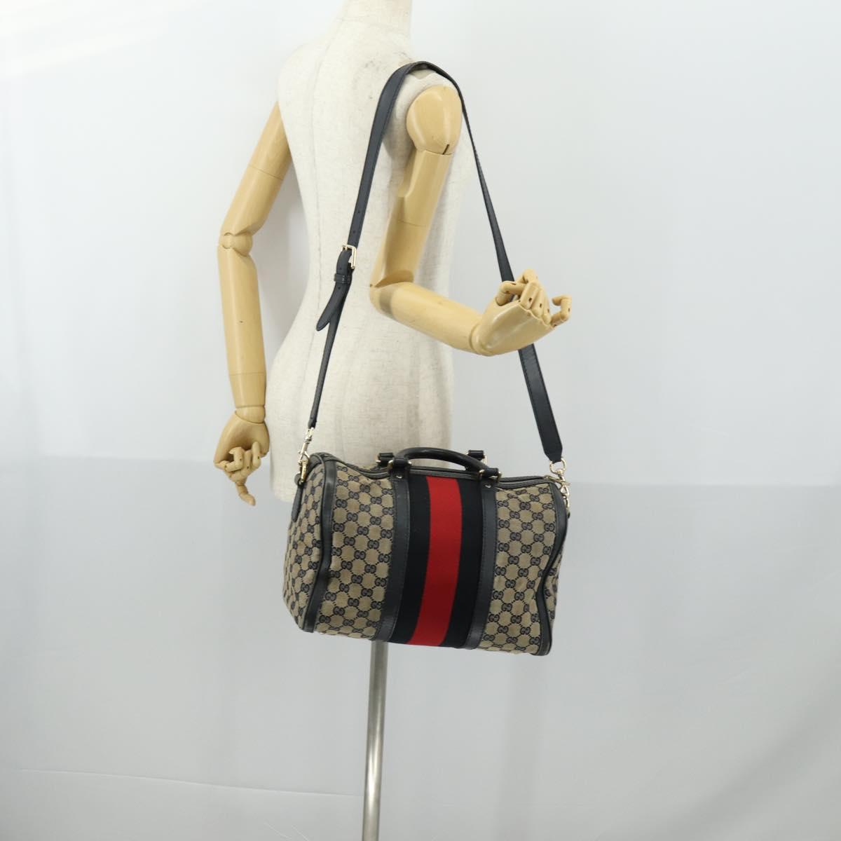 GUCCI GG Canvas Sherry Line Boston Bag 2way Navy Gold 247205 Auth BA8634