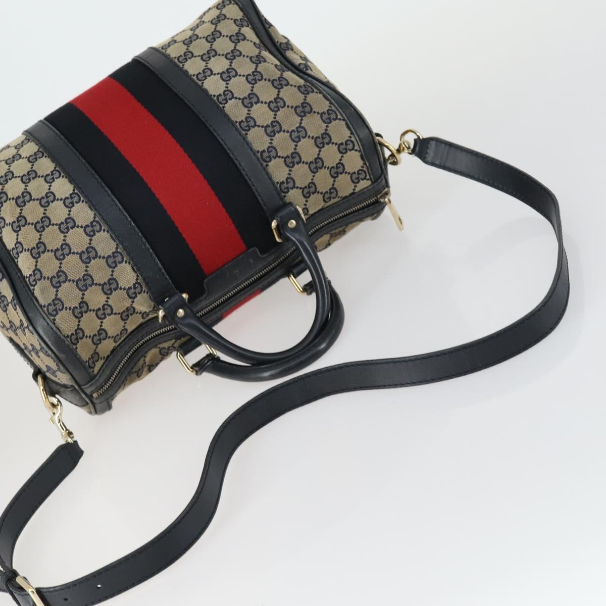 GUCCI GG Canvas Sherry Line Boston Bag 2way Navy Gold 247205 Auth BA8634