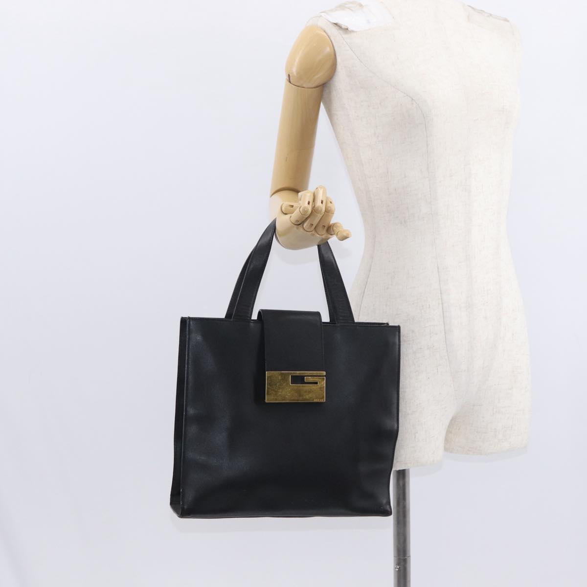 GUCCI Hand Bag Leather Black Gold Auth BA8636