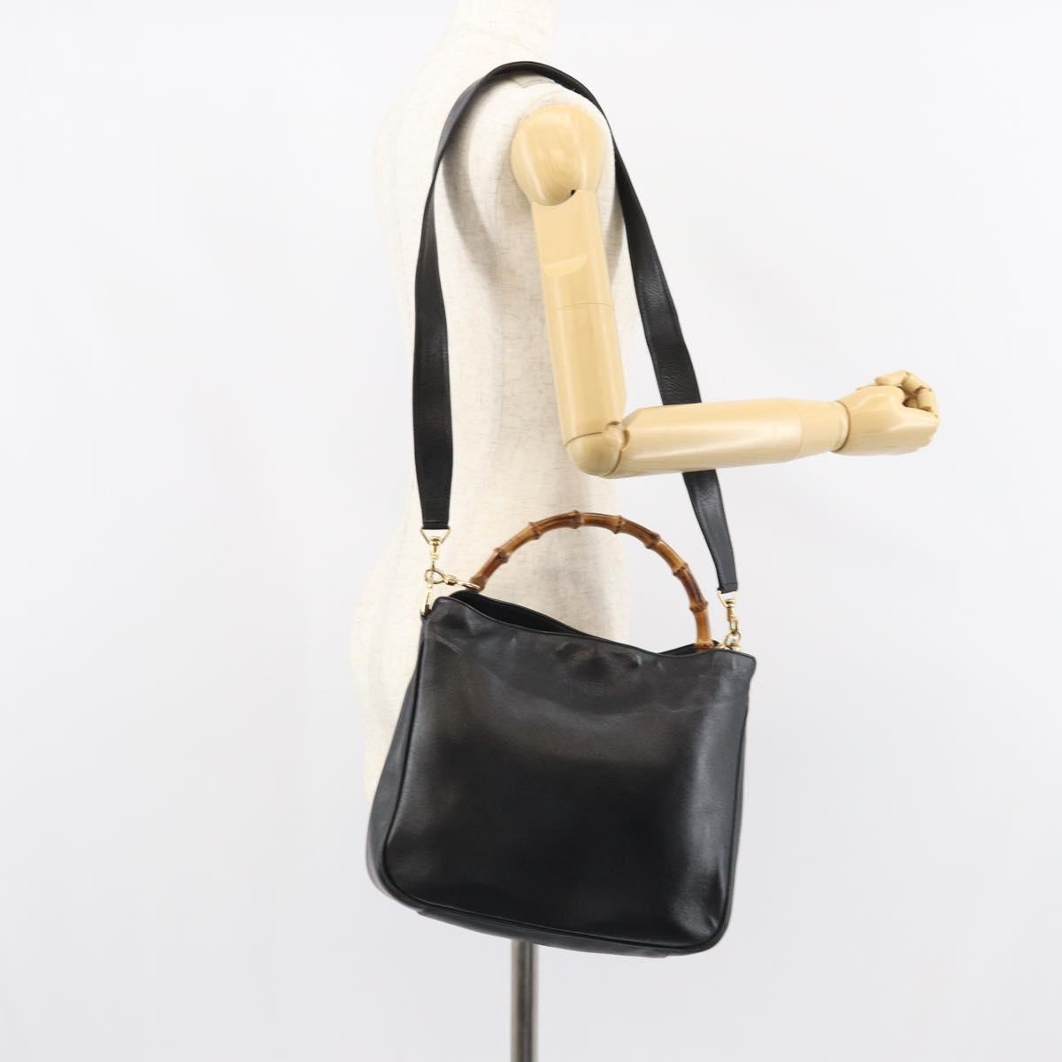 GUCCI Bamboo Hand Bag Leather 2way Black Gold 001 1998 1638 Auth BA8637