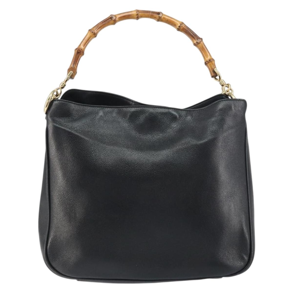 GUCCI Bamboo Hand Bag Leather 2way Black Gold 001 1998 1638 Auth BA8637