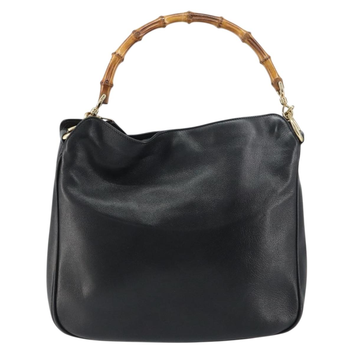 GUCCI Bamboo Hand Bag Leather 2way Black Gold 001 1998 1638 Auth BA8637