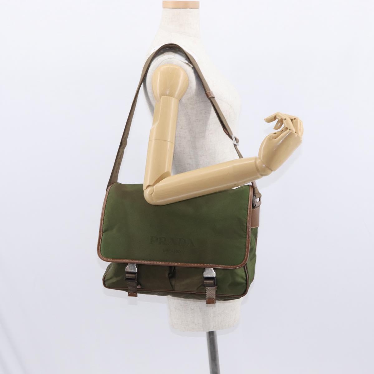 PRADA Shoulder Bag Nylon Khaki Silver Auth BA8644