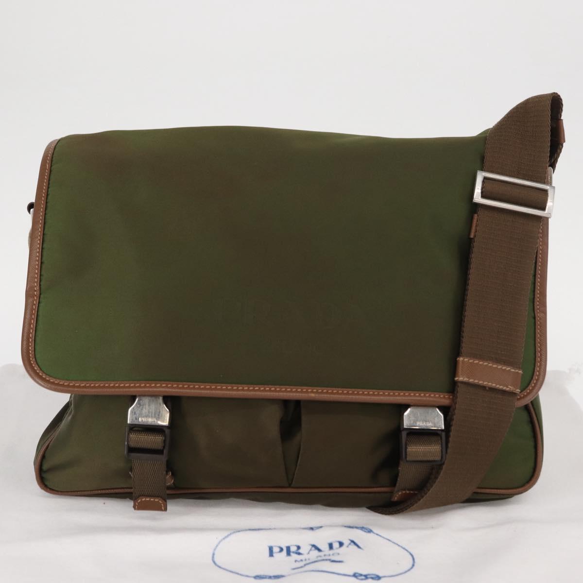 PRADA Shoulder Bag Nylon Khaki Silver Auth BA8644