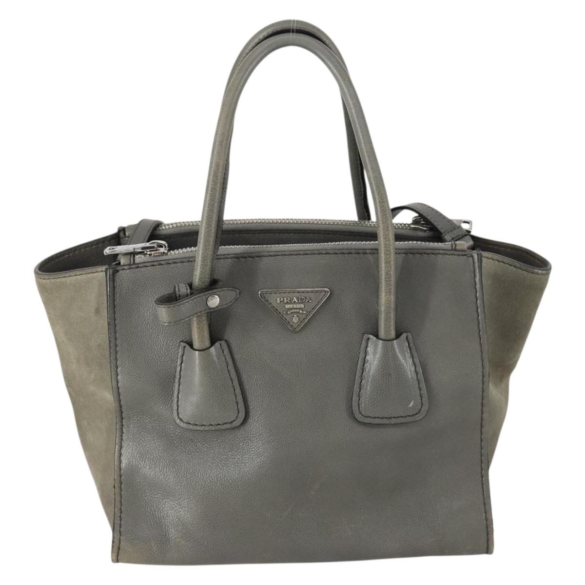 PRADA Studs Hand Bag Suede Leather 2way Gray Silver Auth BA8646