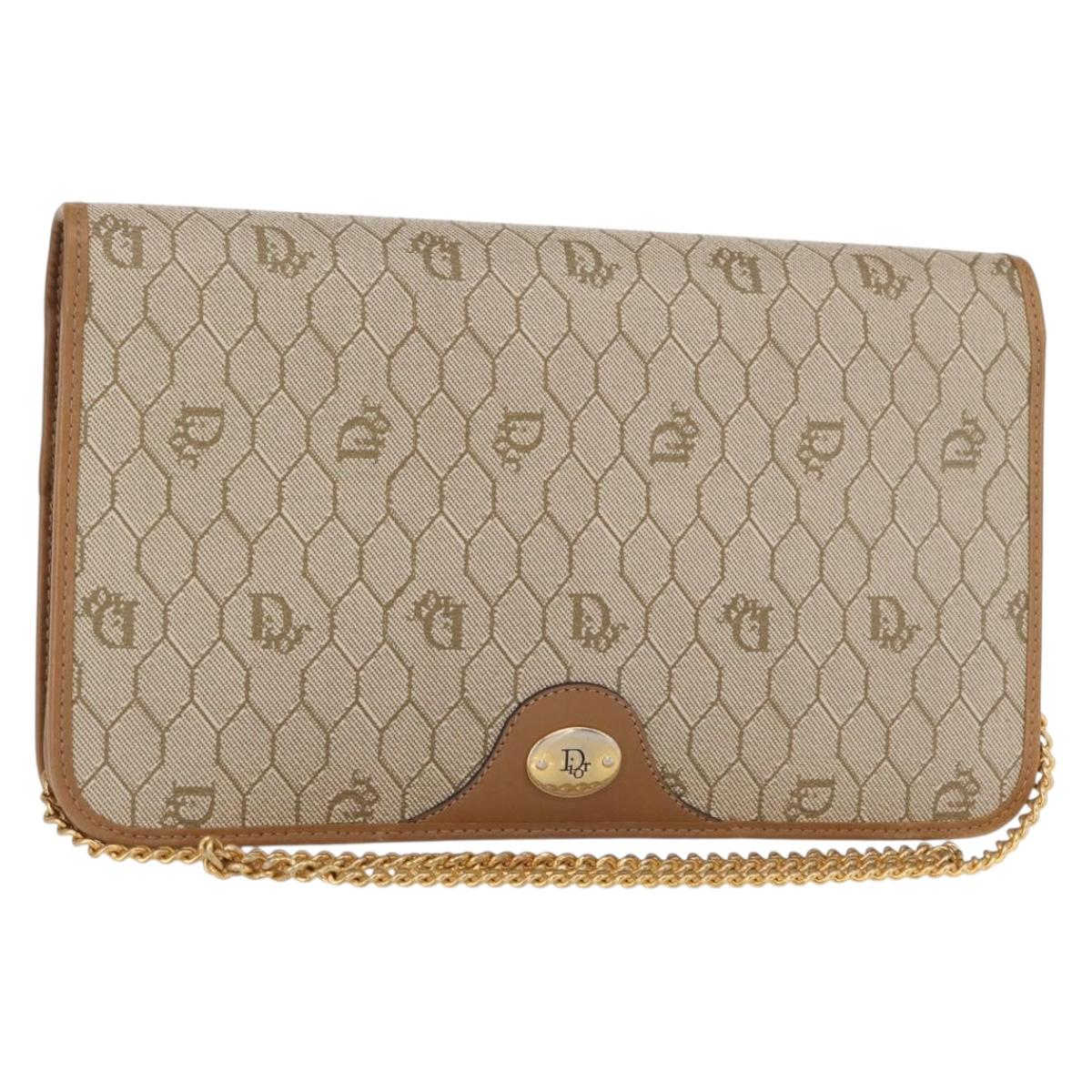 Christian Dior Trotter Canvas Chain Shoulder Bag Beige Gold Auth BA8648