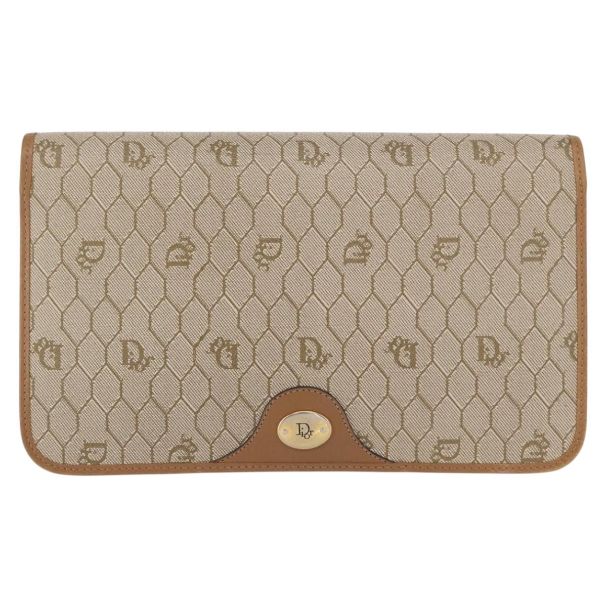 Christian Dior Trotter Canvas Chain Shoulder Bag Beige Gold Auth BA8648